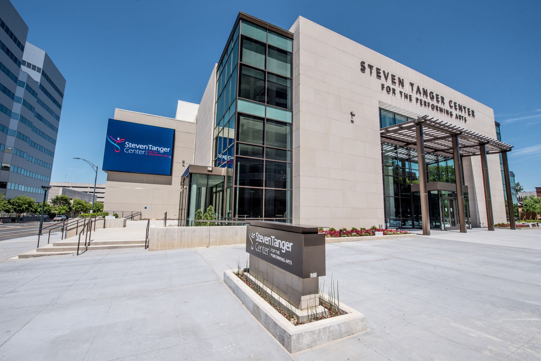Steven Tanger Center south facade in Indiana limestone and Mt. Airy granite