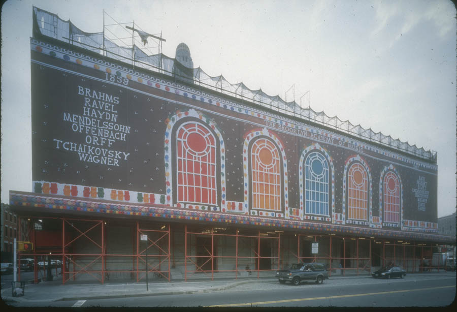 Vik Muniz Candy BAM installation on the scaffolded Peter Jay Sharp Building façade, Brooklyn Academy of Music, by H3 Hardy Collaboration Architecture